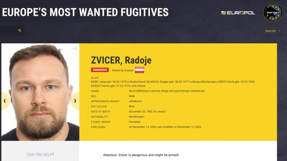 Poternica Interpola za Zvicerom: Osumnjičen da je pustio u promet 100 kilograma kokaina u Austriji, najtraženiji begunac